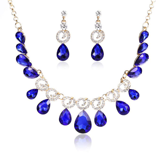 Wholesale Rhinestone Alloy Glass wedding, dress Crystal Necklace Earrings Set JDC-ST-Linl013 Suit 琳琅 blue Wholesale Jewelry JoyasDeChina Joyas De China
