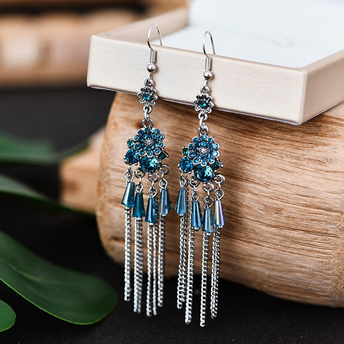 Wholesale Rhinestone Small Flower Alloy Tassel Earrings JDC-ES-Daiq021 Earrings 黛茜 DC1961-2 lake blue Wholesale Jewelry JoyasDeChina Joyas De China