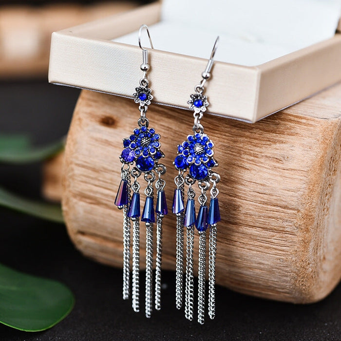 Wholesale Rhinestone Small Flower Alloy Tassel Earrings JDC-ES-Daiq021 Earrings 黛茜 DC1961-5 royal blue Wholesale Jewelry JoyasDeChina Joyas De China