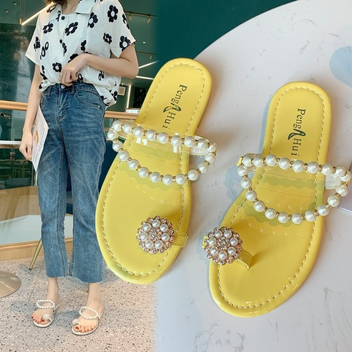 Bulk Jewelry Wholesale rubber artificial LEATHER pearl flat-toe slippers JDC-SP-GQ040 Wholesale factory from China YIWU China