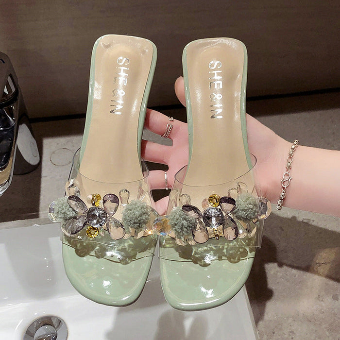 Wholesale Rubber PU leather transparent face flower thin heel water drill slippers JDC-SP-GQ003 Slippers JoyasDeChina Wholesale Jewelry JoyasDeChina Joyas De China
