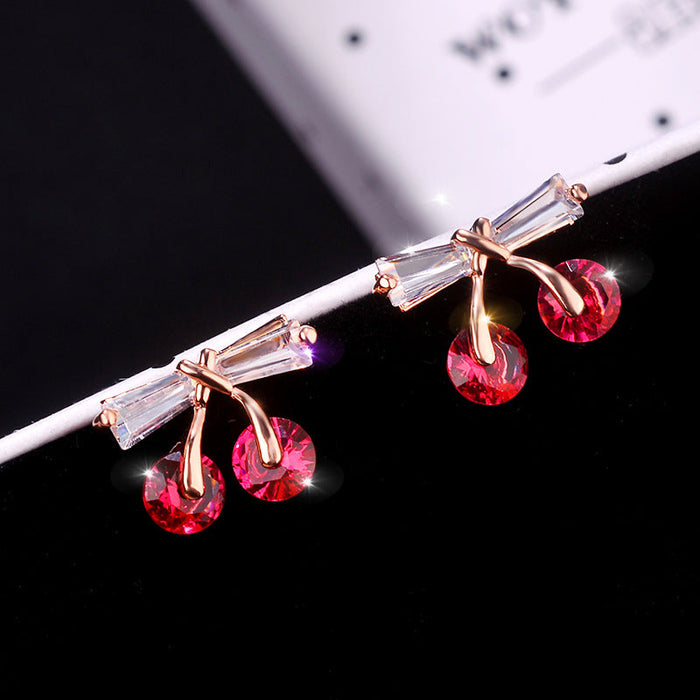 Wholesale S925 Silver Pin Bow Cherry Zircon Copper Earrings JDC-ES-XuF113 Earrings 旭帆 red Wholesale Jewelry JoyasDeChina Joyas De China
