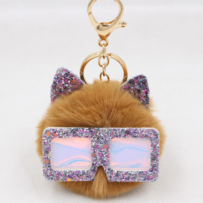 Wholesale Sequin Glasses Frame Imitation Rex Rabbit Hair Alloy Hair Ball Ear Keychain JDC-KC-Zuge028 Keychains 祖格 Coffee / Wholesale Jewelry JoyasDeChina Joyas De China
