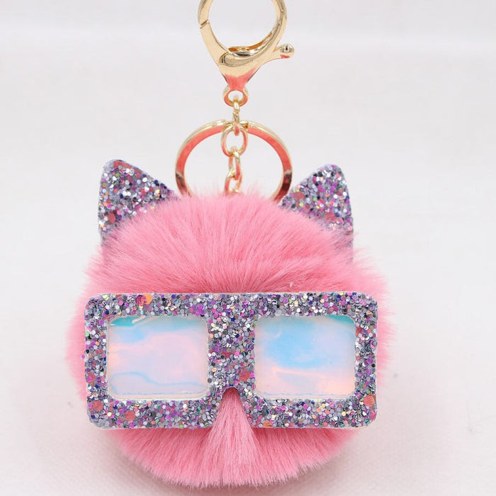 Wholesale Sequin Glasses Frame Imitation Rex Rabbit Hair Alloy Hair Ball Ear Keychain JDC-KC-Zuge028 Keychains 祖格 dark pink / Wholesale Jewelry JoyasDeChina Joyas De China