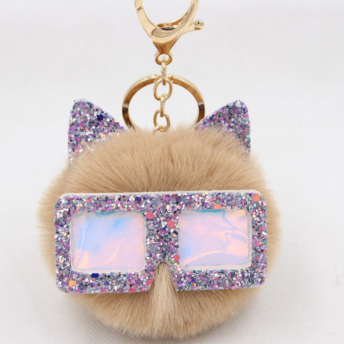 Wholesale Sequin Glasses Frame Imitation Rex Rabbit Hair Alloy Hair Ball Ear Keychain JDC-KC-Zuge028 Keychains 祖格 Khaki / Wholesale Jewelry JoyasDeChina Joyas De China