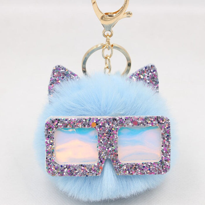 Wholesale Sequin Glasses Frame Imitation Rex Rabbit Hair Alloy Hair Ball Ear Keychain JDC-KC-Zuge028 Keychains 祖格 light blue / Wholesale Jewelry JoyasDeChina Joyas De China