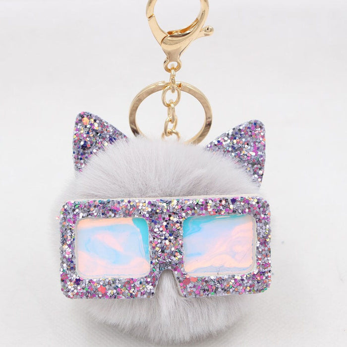 Wholesale Sequin Glasses Frame Imitation Rex Rabbit Hair Alloy Hair Ball Ear Keychain JDC-KC-Zuge028 Keychains 祖格 light gray / Wholesale Jewelry JoyasDeChina Joyas De China