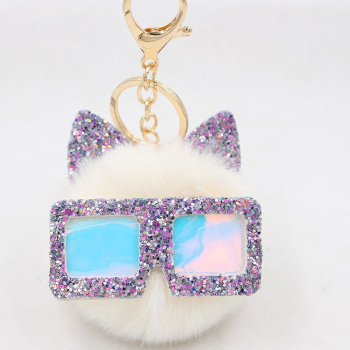 Wholesale Sequin Glasses Frame Imitation Rex Rabbit Hair Alloy Hair Ball Ear Keychain JDC-KC-Zuge028 Keychains 祖格 Rice white / Wholesale Jewelry JoyasDeChina Joyas De China