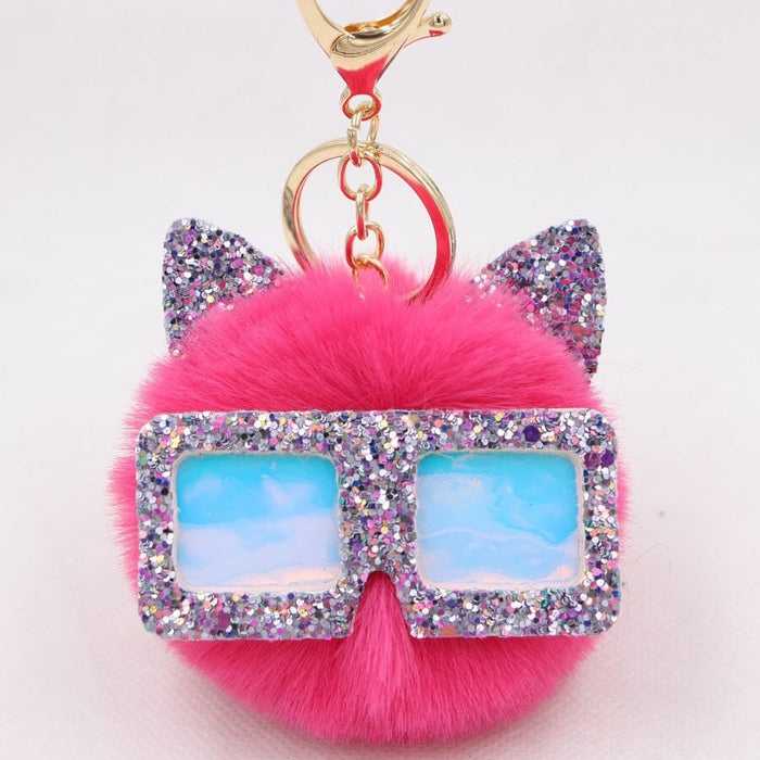 Wholesale Sequin Glasses Frame Imitation Rex Rabbit Hair Alloy Hair Ball Ear Keychain JDC-KC-Zuge028 Keychains 祖格 Rose red / Wholesale Jewelry JoyasDeChina Joyas De China