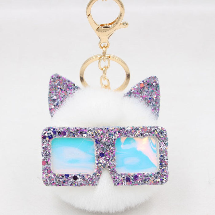 Wholesale Sequin Glasses Frame Imitation Rex Rabbit Hair Alloy Hair Ball Ear Keychain JDC-KC-Zuge028 Keychains 祖格 White / Wholesale Jewelry JoyasDeChina Joyas De China