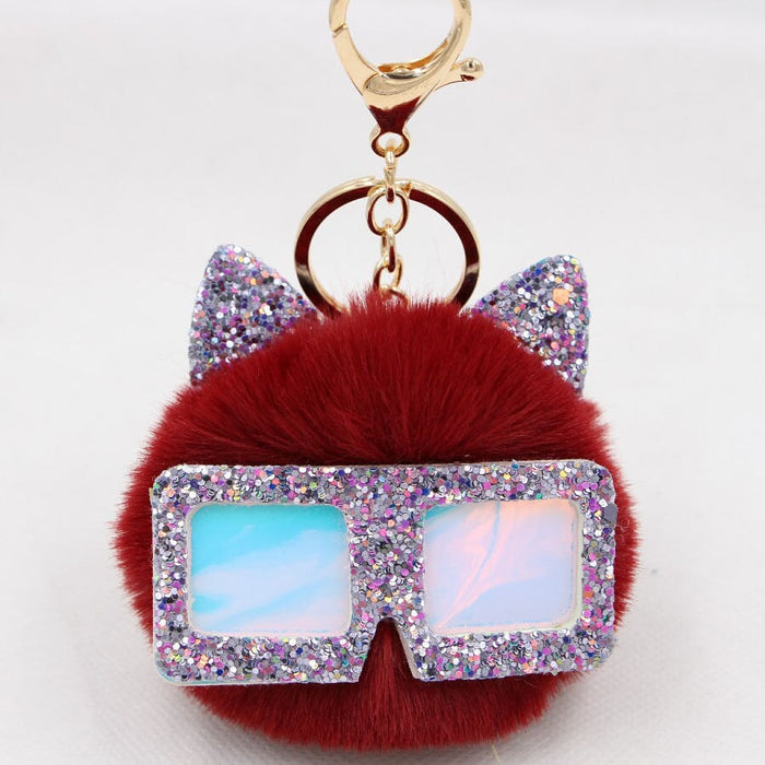 Wholesale Sequin Glasses Frame Imitation Rex Rabbit Hair Alloy Hair Ball Ear Keychain JDC-KC-Zuge028 Keychains 祖格 wine red / Wholesale Jewelry JoyasDeChina Joyas De China