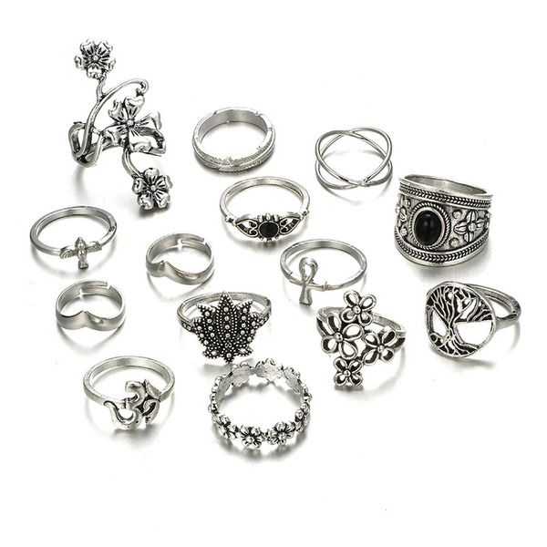 Bulk Jewelry Wholesale silver alloy black gem vine petal ring set 14-piece set JDC-RS-C125 Wholesale factory from China YIWU China