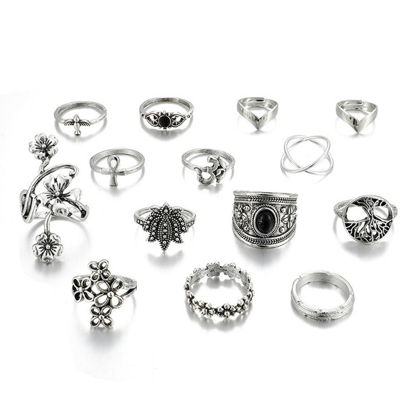 Bulk Jewelry Wholesale silver alloy black gem vine petal ring set 14-piece set JDC-RS-C125 Wholesale factory from China YIWU China