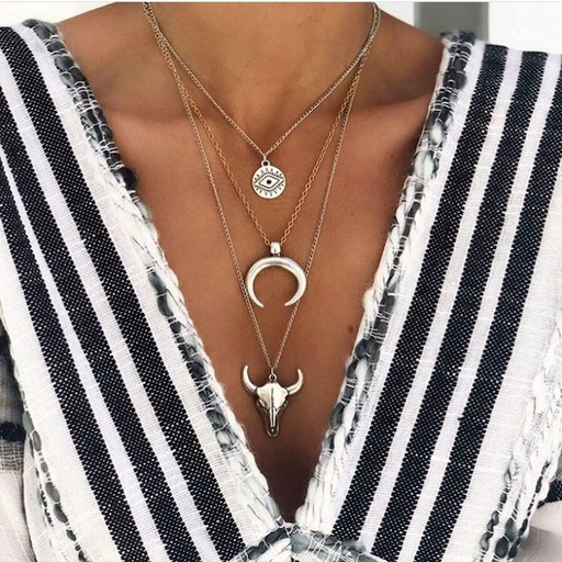 Bulk Jewelry Wholesale silver alloy bull's eye ox horn multilayer necklace JDC-NE-C061 Wholesale factory from China YIWU China