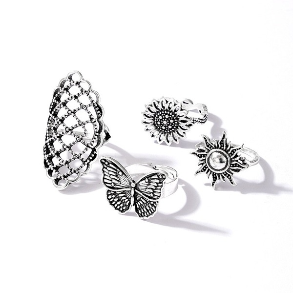 Bulk Jewelry Wholesale silver alloy butterfly flowers sun retro ring 4-piece set JDC-RS-C120 Wholesale factory from China YIWU China