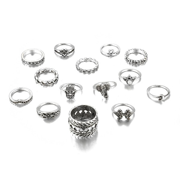 Bulk Jewelry Wholesale silver alloy elephant crescent inlaid gem 13 sets of rings JDC-RS-C111 Wholesale factory from China YIWU China