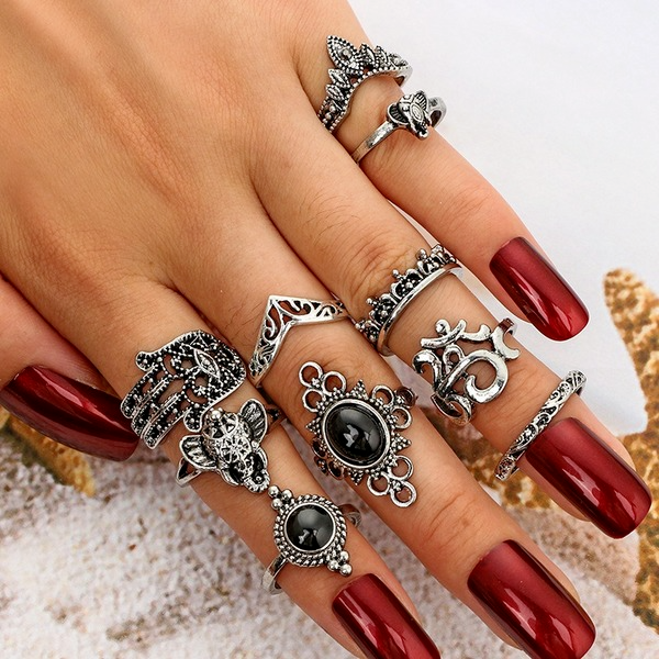 Bulk Jewelry Wholesale silver alloy hollow carved crown black gem 10-piece set ring JDC-RS-C190 Wholesale factory from China YIWU China