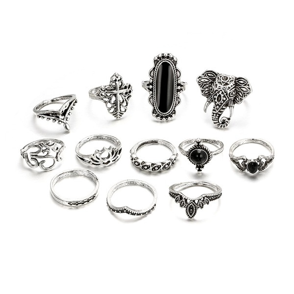 Bulk Jewelry Wholesale silver alloy hollow geometric black gem ring 12-piece set JDC-RS-C114 Wholesale factory from China YIWU China