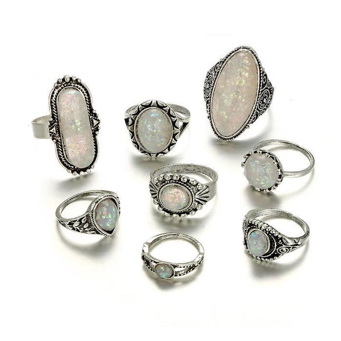 Bulk Jewelry Wholesale silver alloy imitation opal gem 8 sets of rings JDC-RS-C068 Wholesale factory from China YIWU China