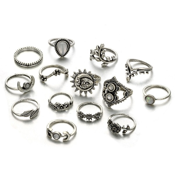 Bulk Jewelry Wholesale silver alloy leaves moon flower wave 14-piece set ring JDC-RS-C093 Wholesale factory from China YIWU China
