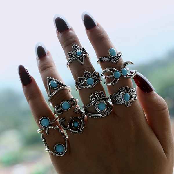 Bulk Jewelry Wholesale silver alloy moon emerald pine ring 11-piece set JDC-RS-C150 Wholesale factory from China YIWU China