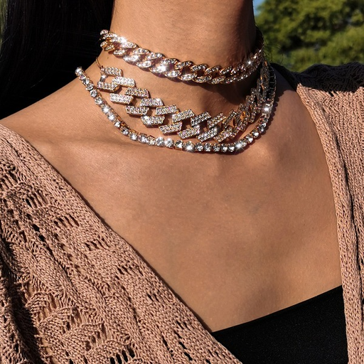 Bulk Jewelry Wholesale silver alloy multi-layer Cuban chain full diamond necklace woman JDC-NE-KunJ134 Wholesale factory from China YIWU China