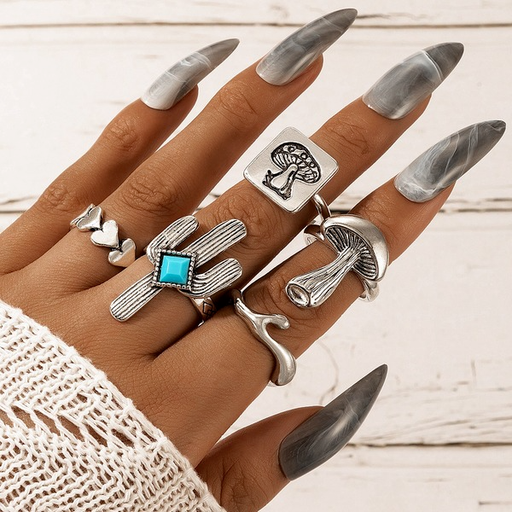 Bulk Jewelry Wholesale silver alloy national wind cactus turquoise mushroom love 5-piece rings set JDC-RS-C245 Wholesale factory from China YIWU China