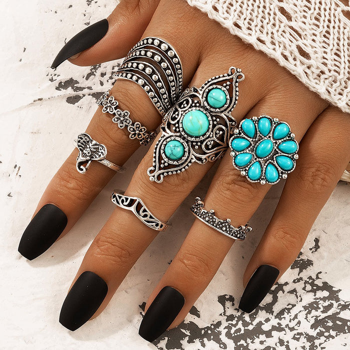 Bulk Jewelry Wholesale silver alloy national wind turquoise elephant graphic 7 - piece rings set JDC-RS-C218 Wholesale factory from China YIWU China