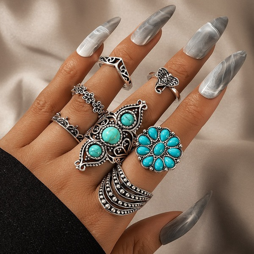 Bulk Jewelry Wholesale silver alloy national wind turquoise elephant graphic 7 - piece rings set JDC-RS-C218 Wholesale factory from China YIWU China