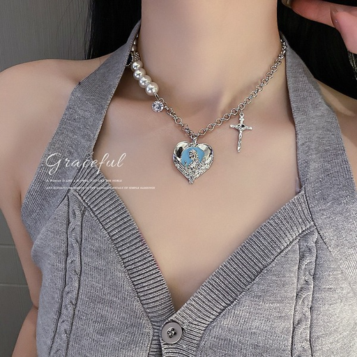 Bulk Jewelry Wholesale silver alloy pearl-encrusted diamond love cross necklace JDC-NE-BY045 Wholesale factory from China YIWU China