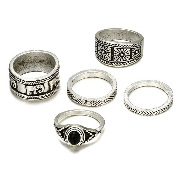 Bulk Jewelry Wholesale silver alloy totem black gemstone 5-piece set ring JDC-RS-C173 Wholesale factory from China YIWU China