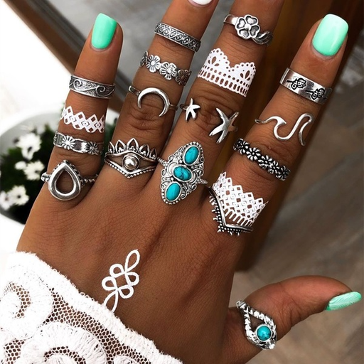 Bulk Jewelry Wholesale silver alloy turquoise flower moon five-pointed star ring set of 15 JDC-RS-GSC002 Wholesale factory from China YIWU China