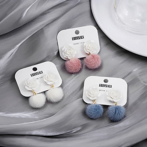Wholesale Silver Needle Alloy Plush Rose Flower Hair Ball Earrings JDC-ES-GSMDD026 Earrings 萌豆豆 Wholesale Jewelry JoyasDeChina Joyas De China