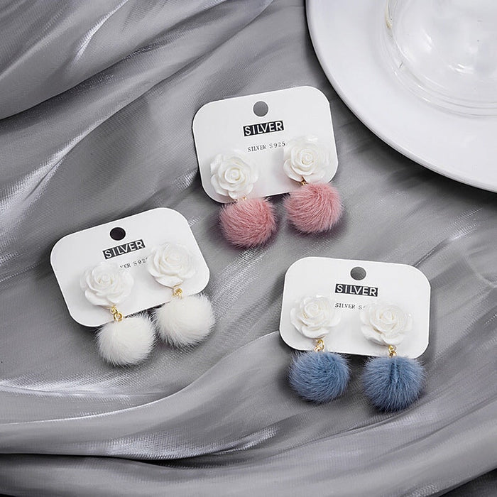 Wholesale Silver Needle Alloy Plush Rose Flower Hair Ball Earrings JDC-ES-GSMDD026 Earrings 萌豆豆 Wholesale Jewelry JoyasDeChina Joyas De China