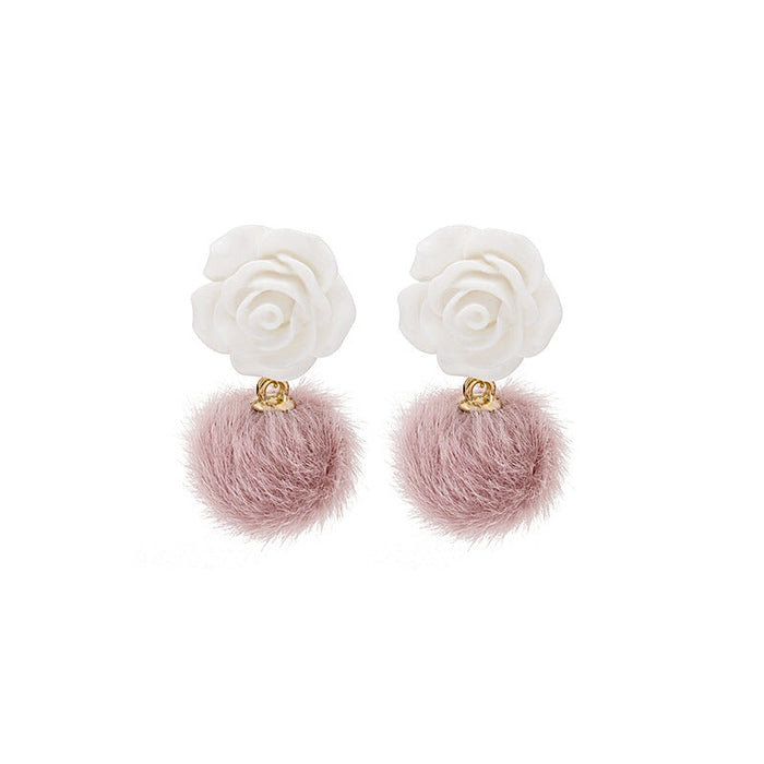 Wholesale Silver Needle Alloy Plush Rose Flower Hair Ball Earrings JDC-ES-GSMDD026 Earrings 萌豆豆 Wholesale Jewelry JoyasDeChina Joyas De China