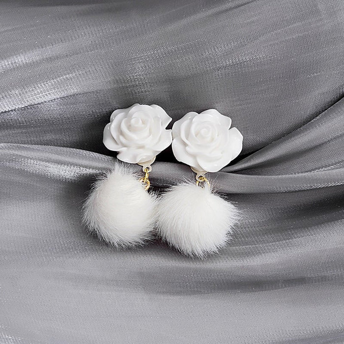 Wholesale Silver Needle Alloy Plush Rose Flower Hair Ball Earrings JDC-ES-GSMDD026 Earrings 萌豆豆 E4470-1 Wholesale Jewelry JoyasDeChina Joyas De China
