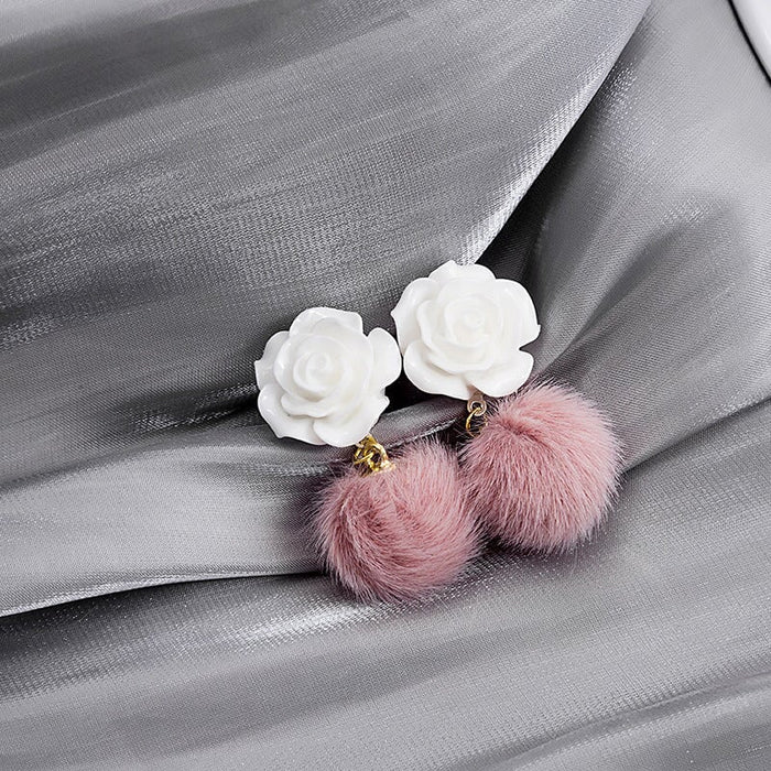 Wholesale Silver Needle Alloy Plush Rose Flower Hair Ball Earrings JDC-ES-GSMDD026 Earrings 萌豆豆 E4470-2 Wholesale Jewelry JoyasDeChina Joyas De China