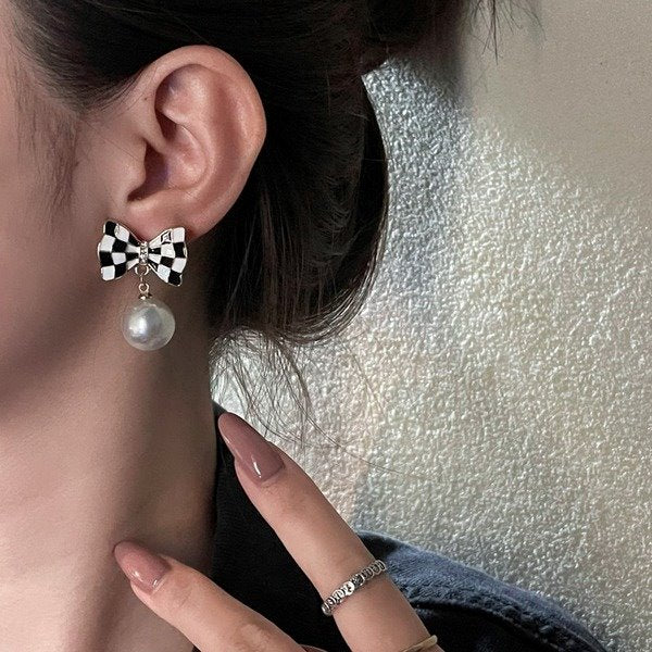 Wholesale Silver Needle Bowknot Pearl Alloy Earrings JDC-ES-XuF006 Earrings 旭帆 Wholesale Jewelry JoyasDeChina Joyas De China