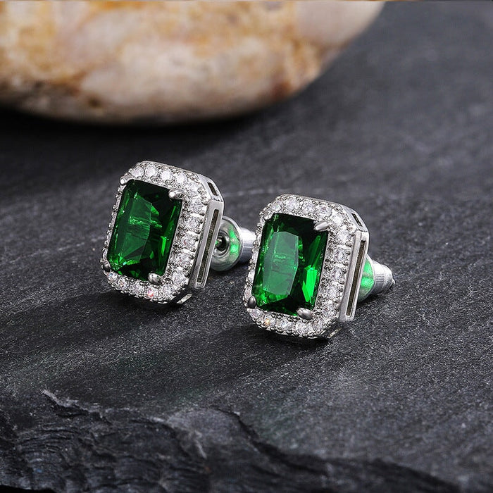Wholesale square full diamond set green zircon stud earrings JDC-ES-Caos003 Earrings 曹适 Wholesale Jewelry JoyasDeChina Joyas De China