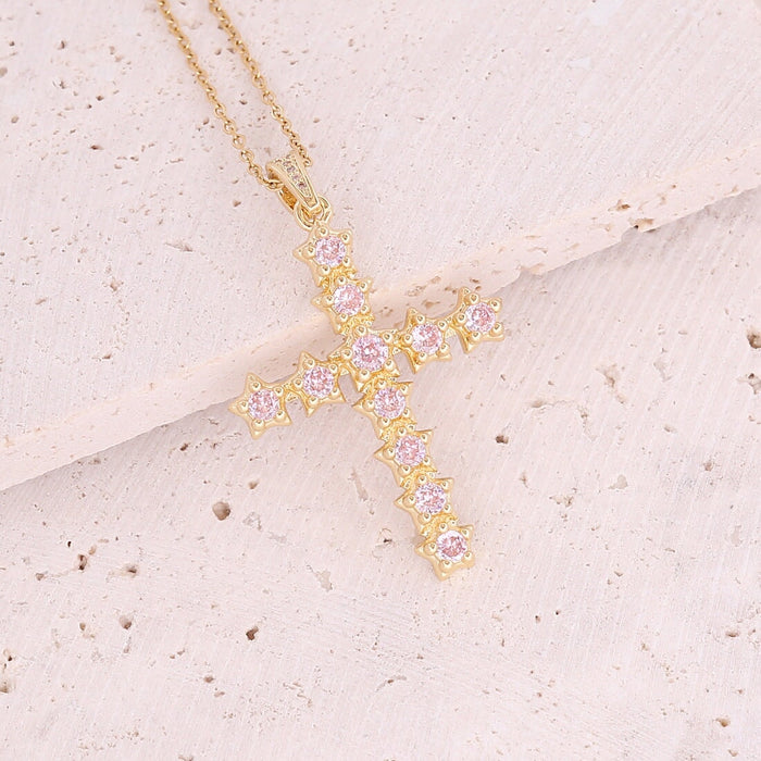 Wholesale Stainless Steel Copper Micro Inlaid Zircon Cross Pendant Necklace JDC-NE-Bingm015 necklaces 冰萌 5# Pink Wholesale Jewelry JoyasDeChina Joyas De China