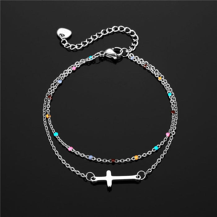 Wholesale stainless steel oil dripping cross double-layer Bracelet JDC-BT-Mingm005 Bracelets 敏萌 Diamond + sl66 Wholesale Jewelry JoyasDeChina Joyas De China