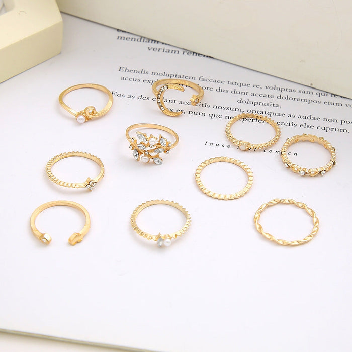 Wholesale Star Moon Diamond Heart Pearl Leaf 10 Piece Set Alloy Ring JDC-RS-F083 Rings 韩之尚 Wholesale Jewelry JoyasDeChina Joyas De China