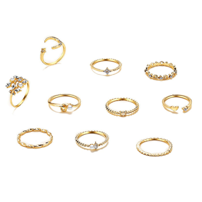 Wholesale Star Moon Diamond Heart Pearl Leaf 10 Piece Set Alloy Ring JDC-RS-F083 Rings 韩之尚 Wholesale Jewelry JoyasDeChina Joyas De China