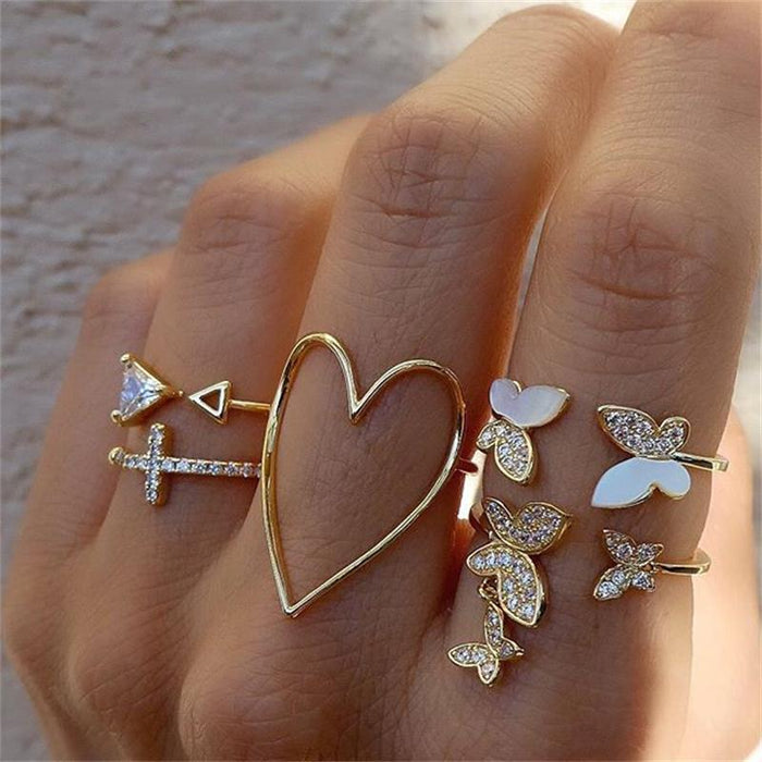 Wholesale Star Moon Diamond Heart Pearl Leaf 10 Piece Set Alloy Ring JDC-RS-F083 Rings 韩之尚 55338 Wholesale Jewelry JoyasDeChina Joyas De China