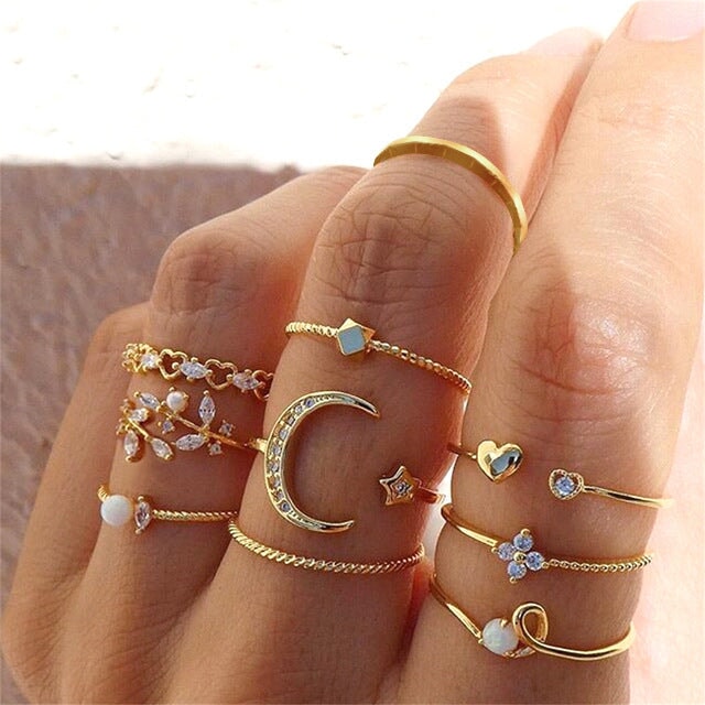 Wholesale Star Moon Diamond Heart Pearl Leaf 10 Piece Set Alloy Ring JDC-RS-F083 Rings 韩之尚 55339 Wholesale Jewelry JoyasDeChina Joyas De China