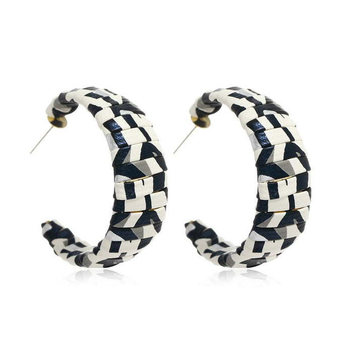 Wholesale striped leather C-shaped Earrings JDC-ES-KQ131 Earrings JoyasDeChina White + black and white K Wholesale Jewelry JoyasDeChina Joyas De China