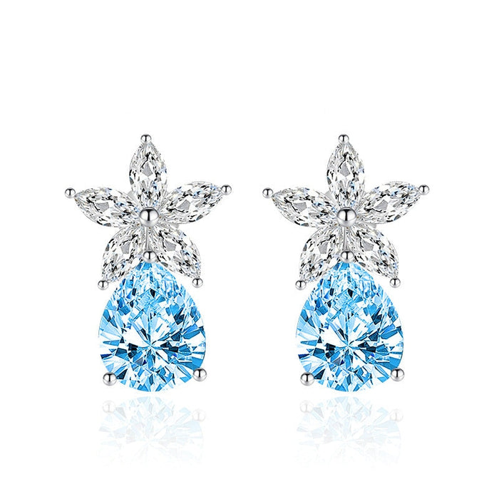 Wholesale teardrop shaped flower plated silver stud earrings JDC-ES-BZ012 Earrings 标志 Blue Wholesale Jewelry JoyasDeChina Joyas De China