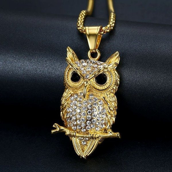 Wholesale Titanium Steel Gold Plated Diamond Owl Necklace JDC-NE-FY009 Necklaces 福友 Wholesale Jewelry JoyasDeChina Joyas De China