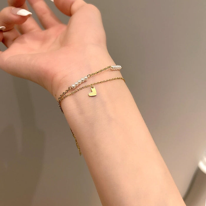 Wholesale Titanium Steel Pearl Love Double Layer Bracelet JDC-BT-HanJ008 Bracelet 韩爵 Wholesale Jewelry JoyasDeChina Joyas De China