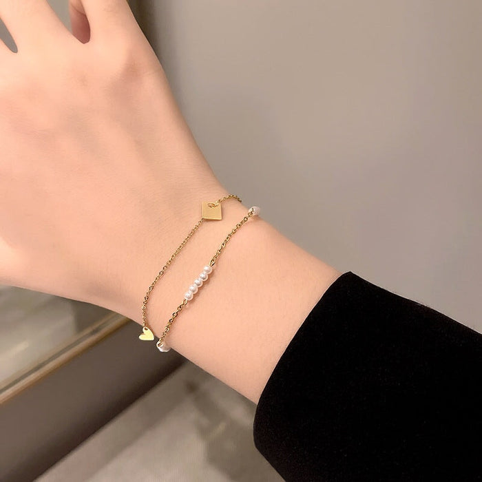 Wholesale Titanium Steel Pearl Love Double Layer Bracelet JDC-BT-HanJ008 Bracelet 韩爵 Wholesale Jewelry JoyasDeChina Joyas De China